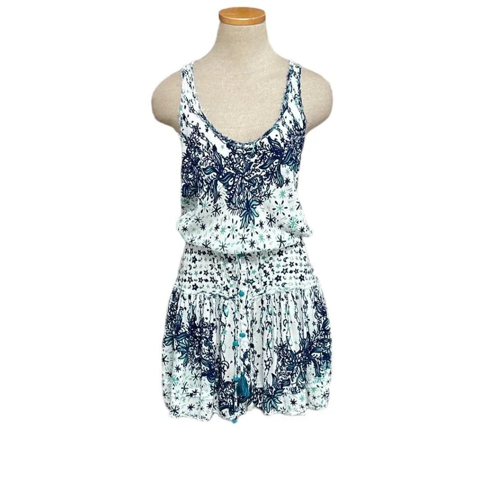 Poupette St. Barth Constellation Dress Blouson Floral Blue Green Mini Small S